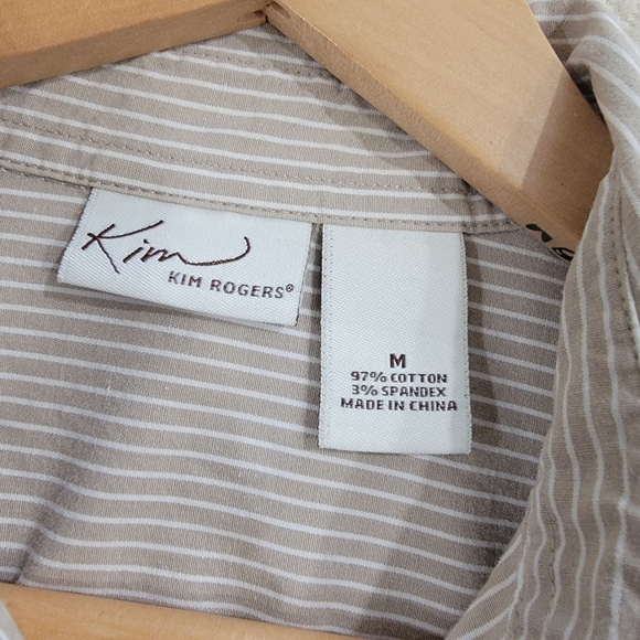 Kim Rogers Striped Button-Up Shirt Size Medium Tan 3/4 Sleeves - Picture 5 of 14